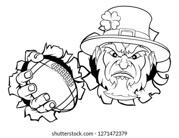 A leprechaun American football sports mascot holding a ball and tearing through the background. 