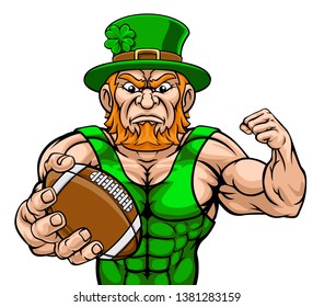 A leprechaun American football sports mascot holding a ball