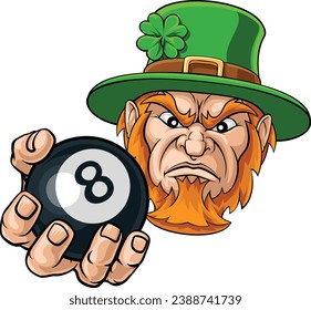 Un leprechaun enojado significa billar, billar, mascota, personaje de dibujos animados sosteniendo una bola negra de 8. 