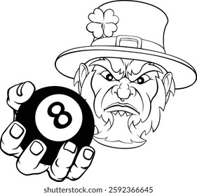 A leprechaun angry mean pool billiards mascot cartoon character holding a black 8 ball. 