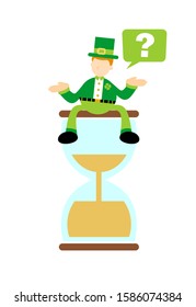 leprechaun ask question sit on big sand time glass cartoon doodle flat design style vector illustration 