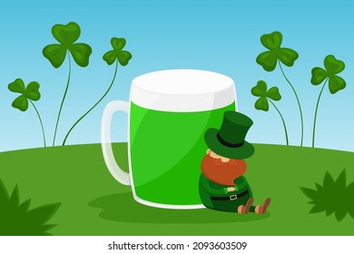 Leprechaun asleep leaning on mug of green beer. Vector illustration. 