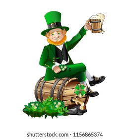 Leprechaun with a barrel and a mug of beer. Vector illustration for celebrating Saint Patrick Day