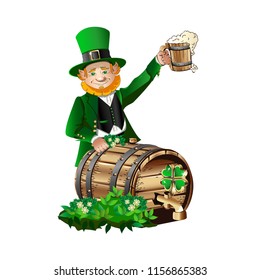 Leprechaun with a barrel and a mug of beer. Vector illustration for celebrating Saint Patrick Day