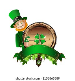 Leprechaun with a barrel and a mug of beer. Vector illustration for celebrating Saint Patrick Day