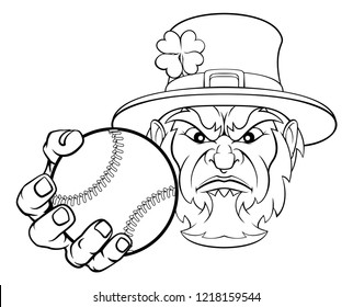 A leprechaun baseball sports mascot holding a ball 