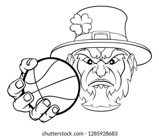 A leprechaun basketball sports mascot holding a ball 