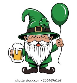 Leprechaun with Beer and Balloon St. Patrick's Day Illustration	