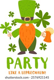 Leprechaun with Beer and Clover. St. Patrick’s Day Party Illustration.