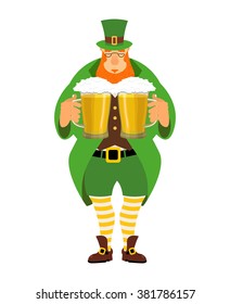 Leprechaun and beer. Good elf keeps two mugs of ale. Cute old man in Green Hat cylinder. ancient  jacket and striped leggings. Irish mythological hero for St. Patrick's Day March 17 