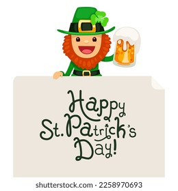 Leprechaun with Beer. Happy St. Patrick's Day Lettering. Vector poster isolated on white background.