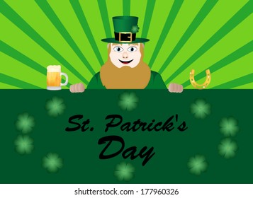 leprechaun with beer, a horseshoe, clover