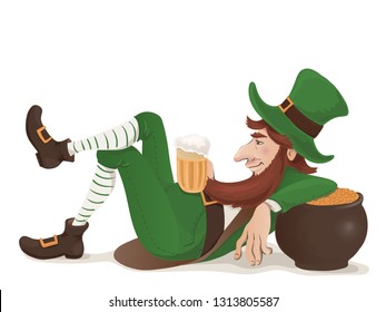 Leprechaun with a beer lying leaning on a pot of gold. Vector cartoon character for St. Patricks day