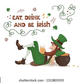 Leprechaun with a beer lying leaning on a pot of gold. Vector cartoon card for St. Patricks day