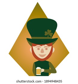 Leprechaun with beer mug. St Patrick day. Isolated vector illustration for icon or design element. Fat style. 
