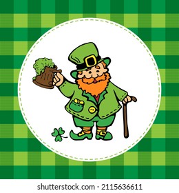 Leprechaun with beer on a green background in a cage for St Patricks Day