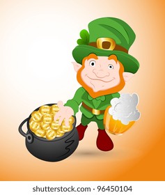 Leprechaun with Beer and Pot of Gold Coins-St. Patrick's Day Cartoon Vector Illustration