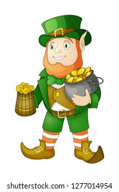 Leprechaun with beer and pot of gold. Illustration for saint Patricks day. Lepricon vector illustration. Isolated on white background