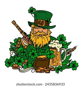 Leprechaun with beer and pot of gold. St. Patrick's Day vector illustration.