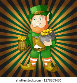 Leprechaun with beer and pot of gold symbol of luck. Illustration for saint Patricks day. Lepricon vector illustration on glittering green and orange background