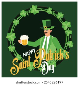 Leprechaun, beer, and shamrock in a circle pattern. Spring celebrations in Ireland. St Patrick's Day background concept. Flat vector illustration.