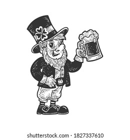 leprechaun with beer sketch engraving vector illustration. T-shirt apparel print design. Scratch board imitation. Black and white hand drawn image.