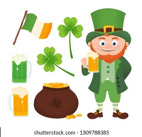 Leprechaun with beer and St. Patrick's Day icons, cartoon set of isolated vector illustation object