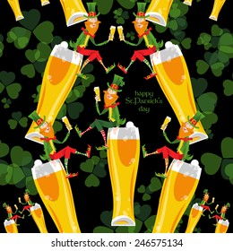 Leprechaun with a beer. St. Patrick's Day. Seamless background pattern. Vector illustration