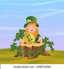 Leprechaun with a big gold coin sits on a large stump in the thickets of clover. St.Patrick 's Day. Vector landscape and character