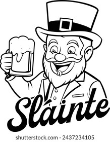 Sláinte - Leprechaun - black outline
Sláinte is an Irish toast meaning "cheers" or good health. A leprechaun is happily celebrating with a pint of beer.