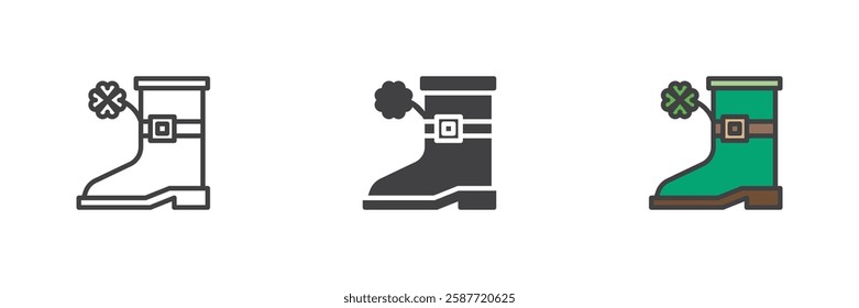 Leprechaun boot with clover different style icon set. Line, glyph and filled outline colorful version, outline and filled vector sign. Saint Patrick's Day symbol, logo illustration. Vector graphics