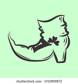 Leprechaun Boot with Clover leaf icon for St Patrick Day festival celebration. Grey sketchy strokes illustration of traditional Irish symbols. Green background is easy to change, vector 10 