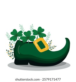 Leprechaun boot with three-leaf clover. St. Patrick's Day. Irish holiday vector illustration