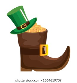 leprechaun boot with top hat and coins vector illustration designicon