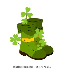 leprechaun boot vector illustration. Happy Saint Patricks day. Clover leaves. Holiday character clothes.