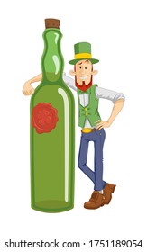 Leprechaun with bottle of whiskey. Vector illustration for Saint Patricks day. Pub design invitation element.