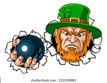 A leprechaun bowling sports mascot holding a ball and tearing through the background. 