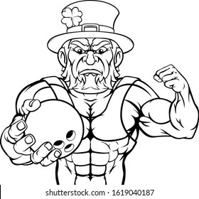 A leprechaun bowling sports mascot holding a ball