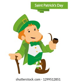 leprechaun with cane and pipe on saint patrick's day vector
