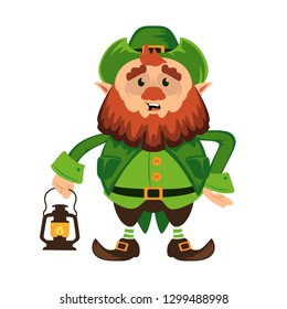 Leprechaun cartoon character or funny green dwarf vector illustration for Saint Patrick Day 17 march traditional Irish folklore Celtic mythology culture with hat and lantern on white background