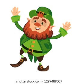 Leprechaun cartoon character or funny green dwarf vector illustration for Saint Patrick Day 17 march traditional Irish folklore Celtic mythology culture dancing with hat isolated on white background