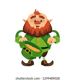 Leprechaun cartoon character or funny green dwarf vector illustration for Saint Patrick Day 17 march traditional Irish folklore Celtic mythology culture with golden coins in hat on white background