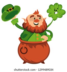 Leprechaun cartoon character or funny green dwarf vector illustration for Saint Patrick Day 17 march traditional Irish folklore Celtic mythology culture with hat pot and shamrock on white background