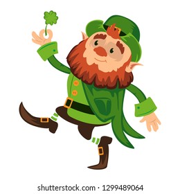 Leprechaun cartoon character or funny green dwarf vector illustration for Saint Patrick Day 17 march traditional Irish folklore Celtic mythology culture with hat and shamrock on white background