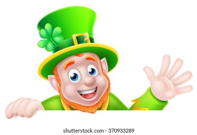 Leprechaun cartoon character peeking above a sign and waving hello