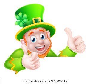 Leprechaun cartoon character peeking above a sign and giving a double thumbs up