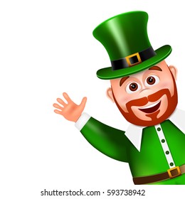Leprechaun cartoon character peeking. Saint Patricks Day Card. Vector illustration. 