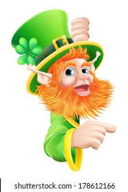 A leprechaun cartoon character pointing at a sign or message from the side