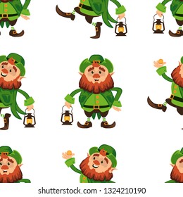 Leprechaun cartoon character seamless vector pattern for Saint Patrick Day in different poses Funny dwarf emoji variations Irish folklore mythology on white background Great for textile or print cover