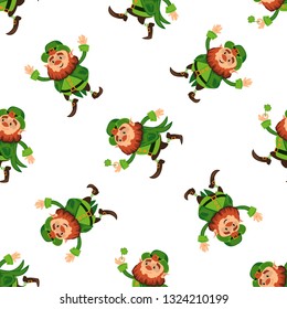 Leprechaun cartoon character seamless vector pattern for Saint Patrick Day in different poses Funny dwarf emoji variations Irish folklore mythology on white background Great for textile or print cover